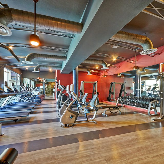Fitness center with treadmills, bikes, free weights, and weight machines