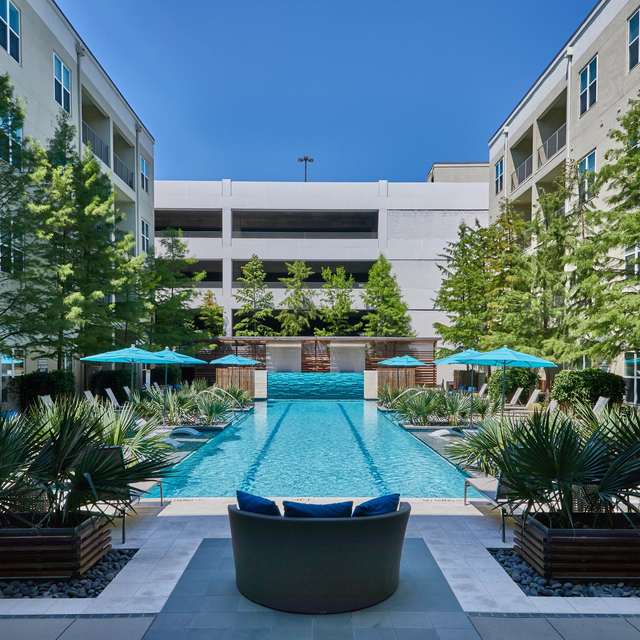 Beautiful pool area at the Standard at Cityline near Dallas surrounded by trees and lounge seating