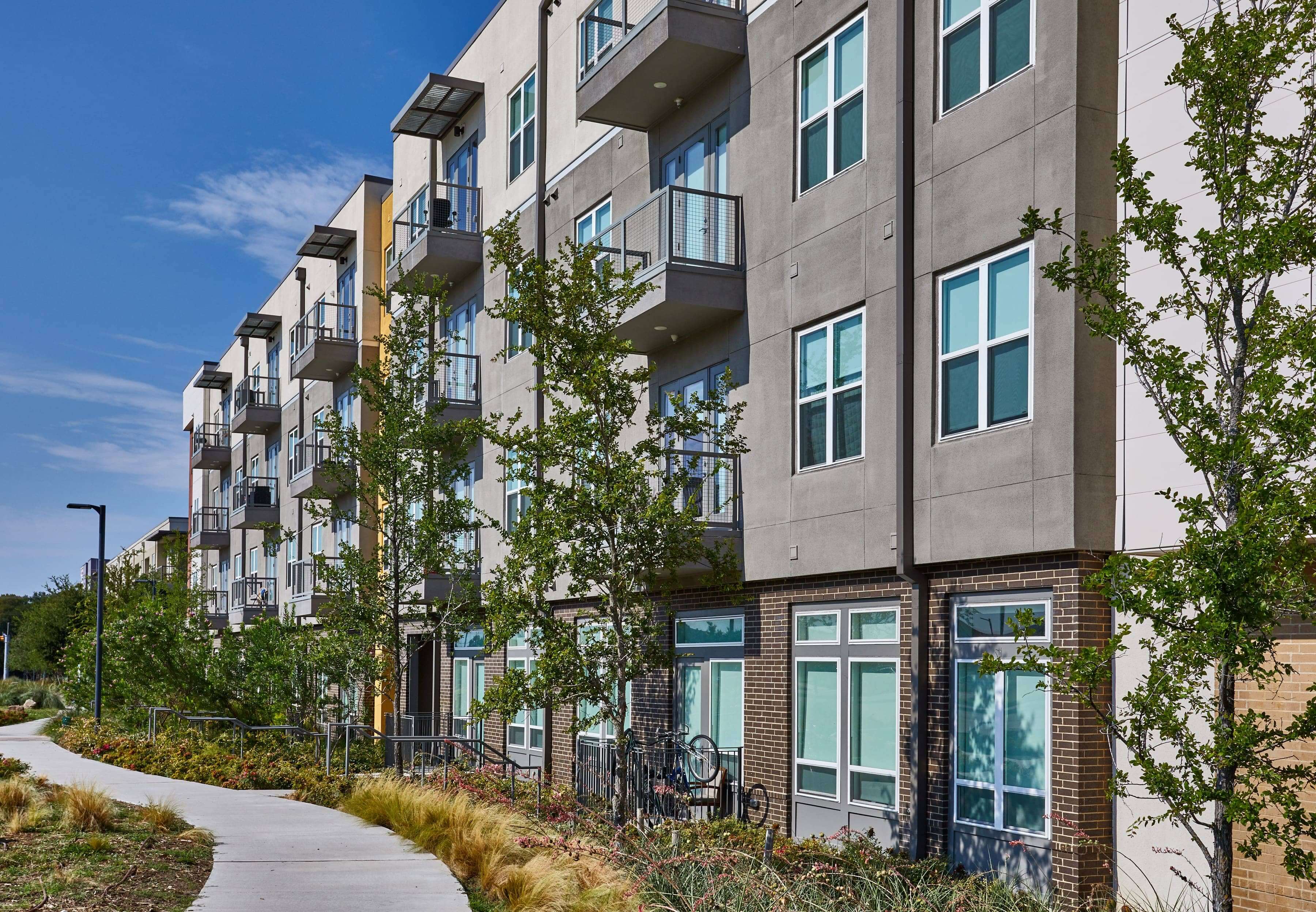 Tree lined exterior of the Standard at Cityline with a walking a path.